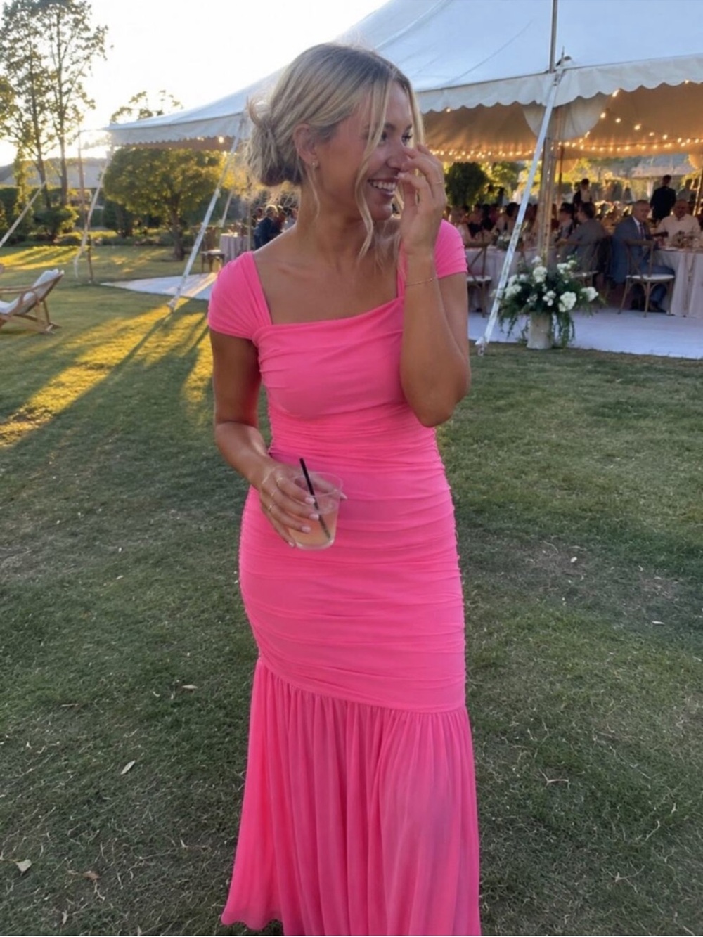 Elliatt Dress Capra Mesh Overlay Maxi in Neon Pink